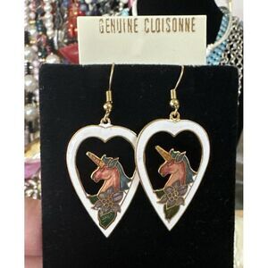 Vintage Enameled Cloisonné Cobalt Unicorn White Heart Dangle Pierced‎ Earrings